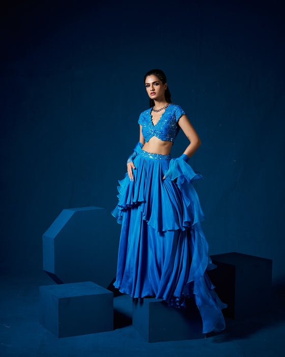 Zeena Lehanga set with ruffle dupatta - Sapphire Blue