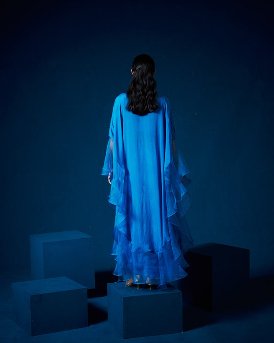 Zoha drape skirt set with ruffle
cape - Sapphire Blue