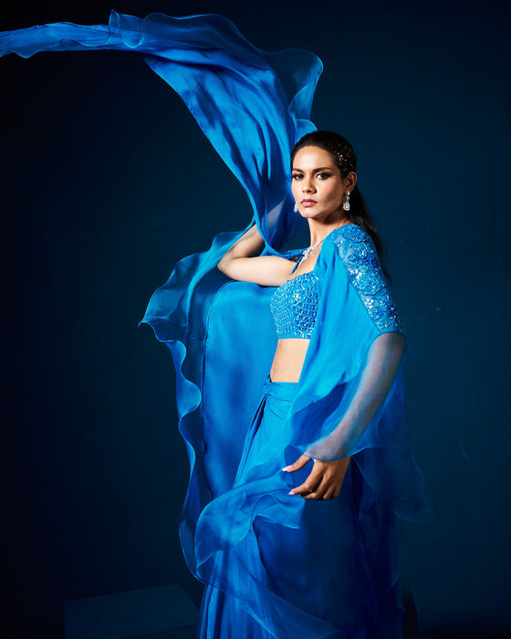 Zoha drape skirt set with ruffle
cape - Sapphire Blue