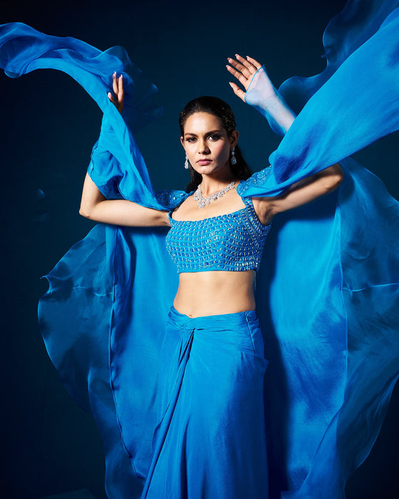 Zoha drape skirt set with ruffle
cape - Sapphire Blue