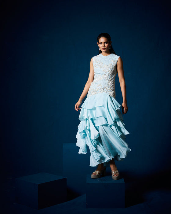Via ruffle gown - Ice Blue