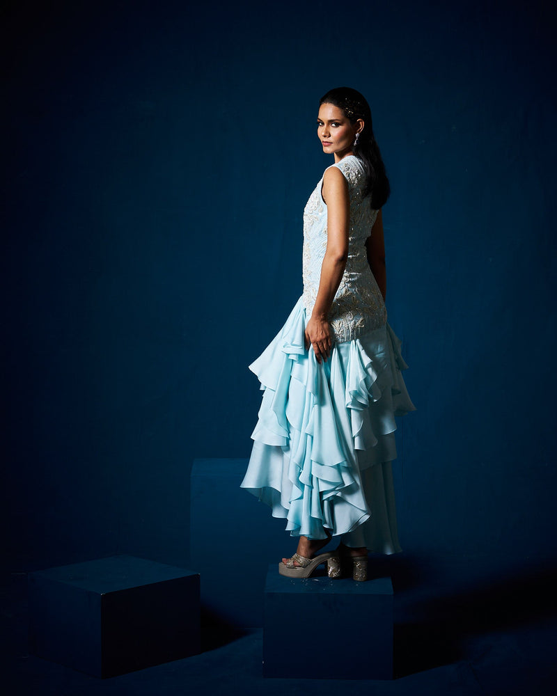 Via ruffle gown - Ice Blue