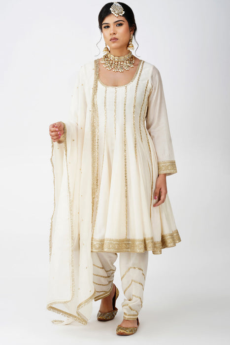 Ivory Beige Frock-Style Anarkali Suit Set