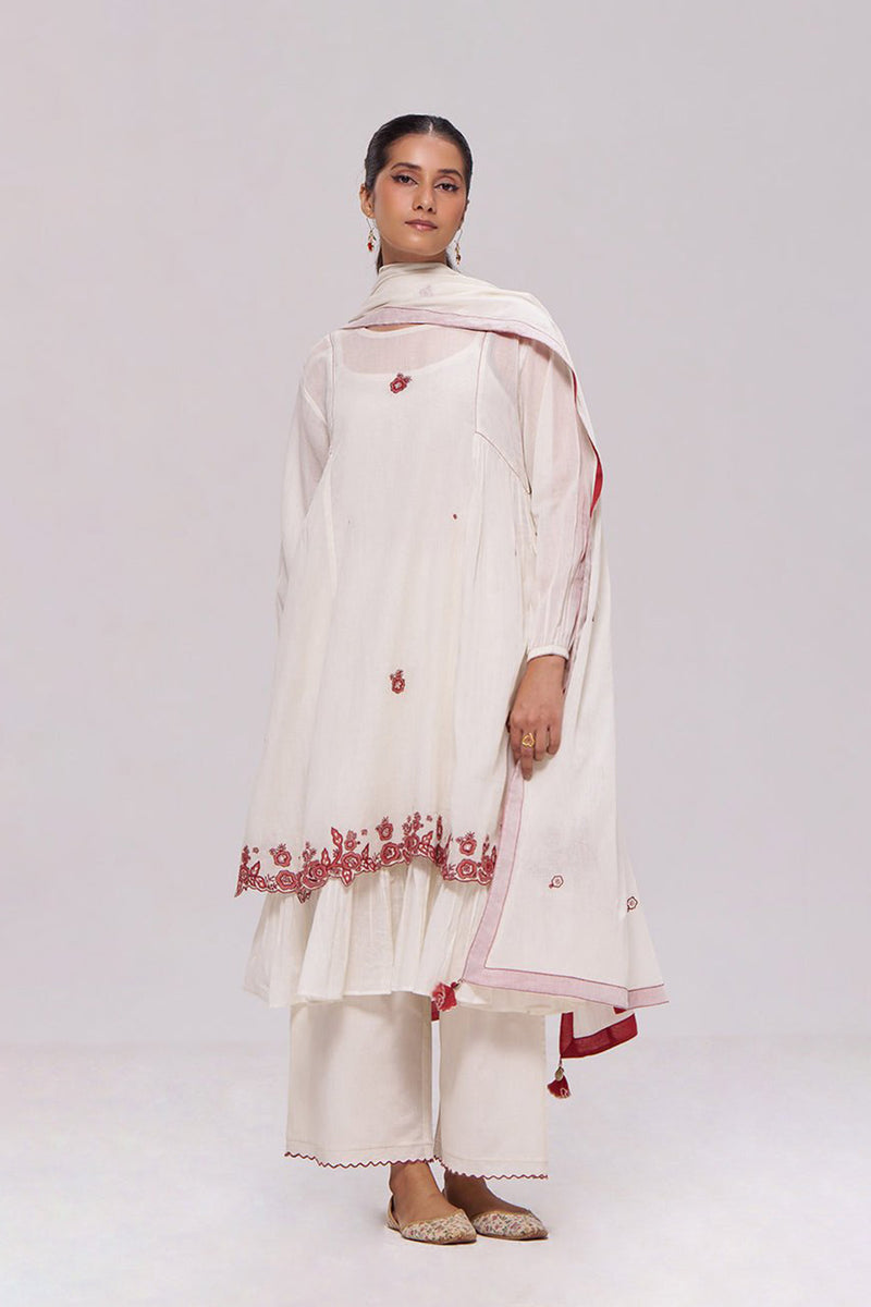Ivory and Maroon Pure Cotton Kurta Set