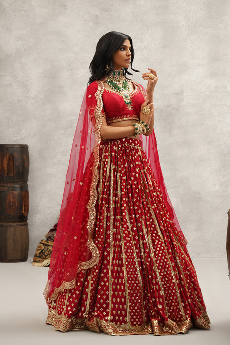 Maroon sequins embroidered lehenga, blouse and dupatta set