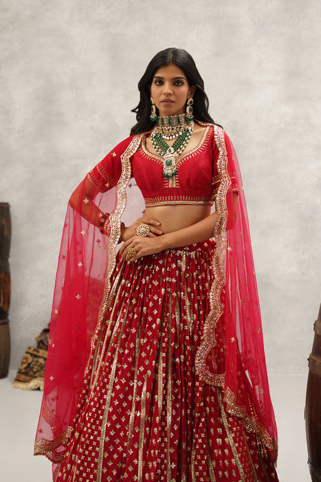 Maroon sequins embroidered lehenga, blouse and dupatta set