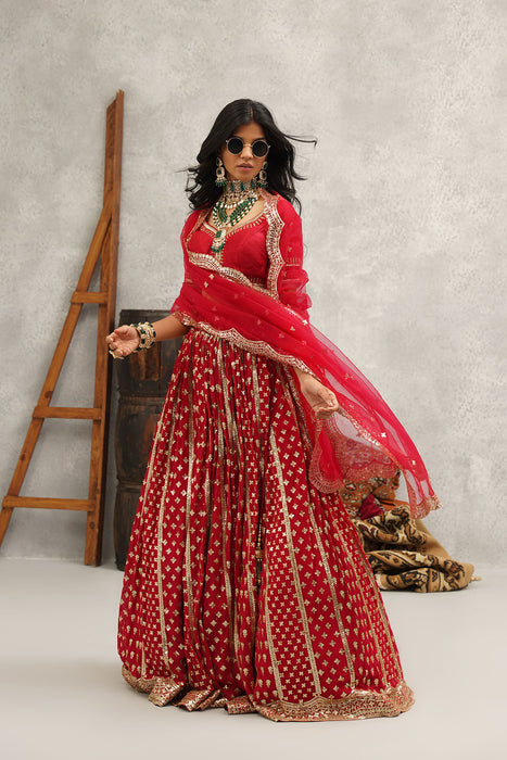Maroon sequins embroidered lehenga, blouse and dupatta set