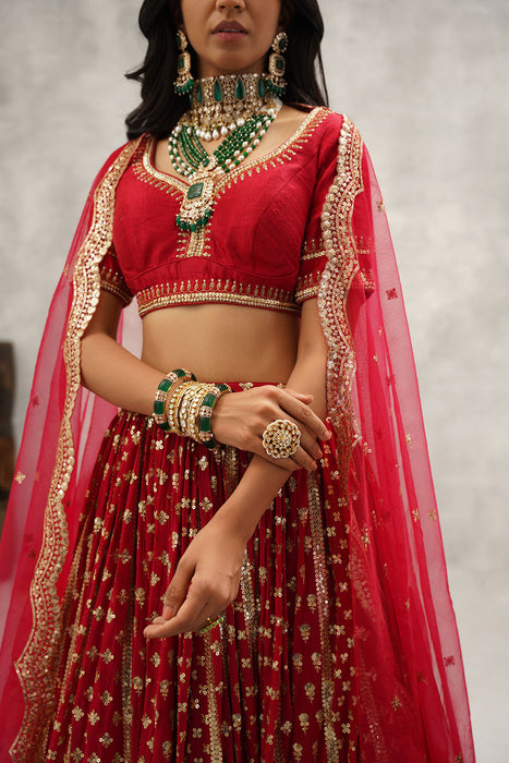 Maroon sequins embroidered lehenga, blouse and dupatta set