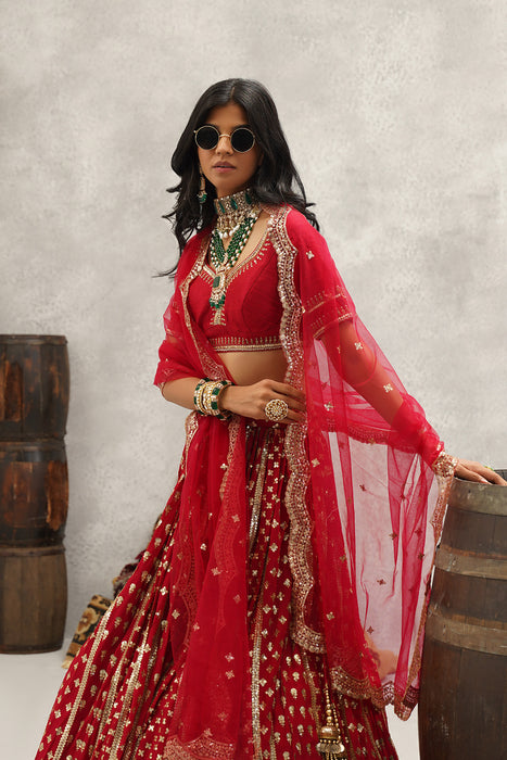 Maroon sequins embroidered lehenga, blouse and dupatta set