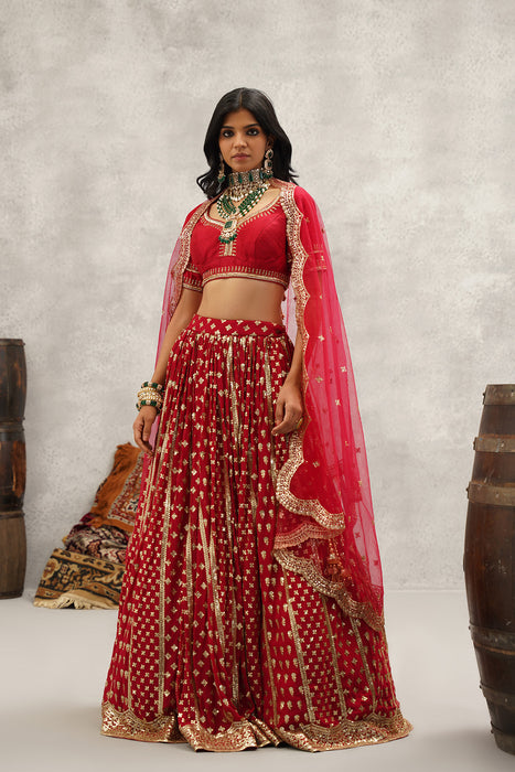Maroon sequins embroidered lehenga, blouse and dupatta set