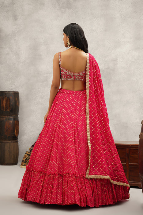 Fuchsia embroidered banarsi georgette blouse, lehenga and dupatta set