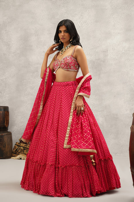 Fuchsia embroidered banarsi georgette blouse, lehenga and dupatta set