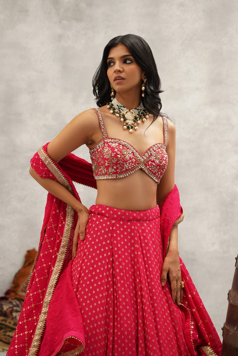 Fuchsia embroidered banarsi georgette blouse, lehenga and dupatta set