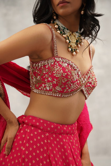 Fuchsia embroidered banarsi georgette blouse, lehenga and dupatta set