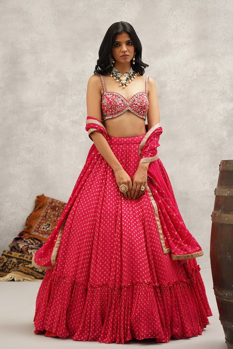 Fuchsia embroidered banarsi georgette blouse, lehenga and dupatta set