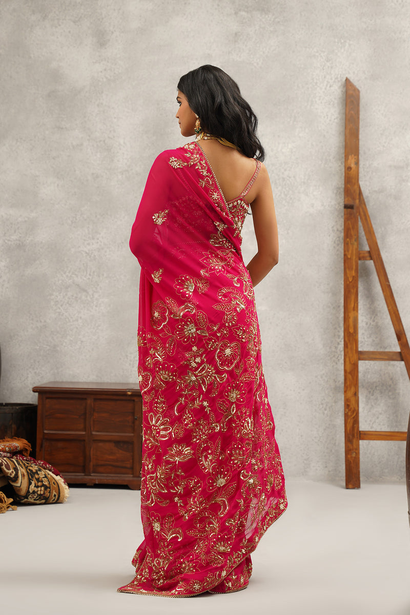 fusia embroidered saree set