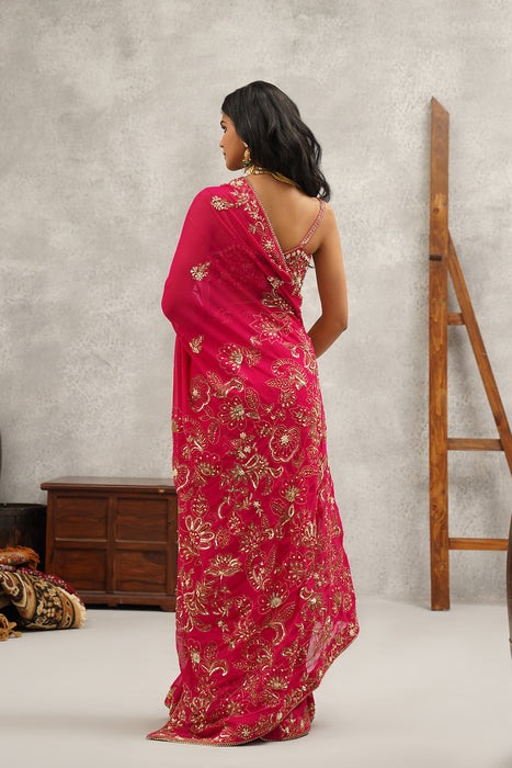 fusia embroidered saree set