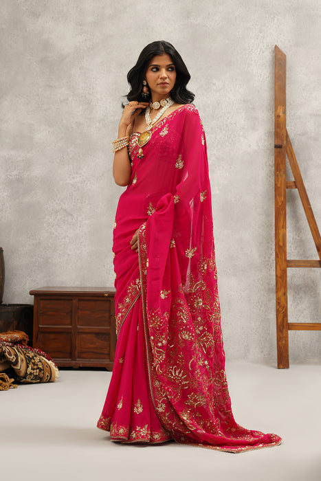 fusia embroidered saree set