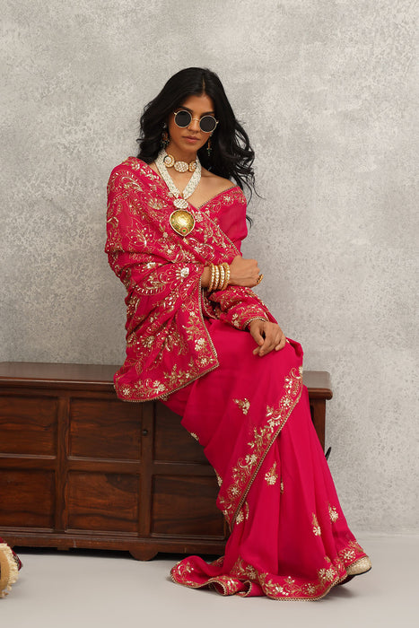 fusia embroidered saree set