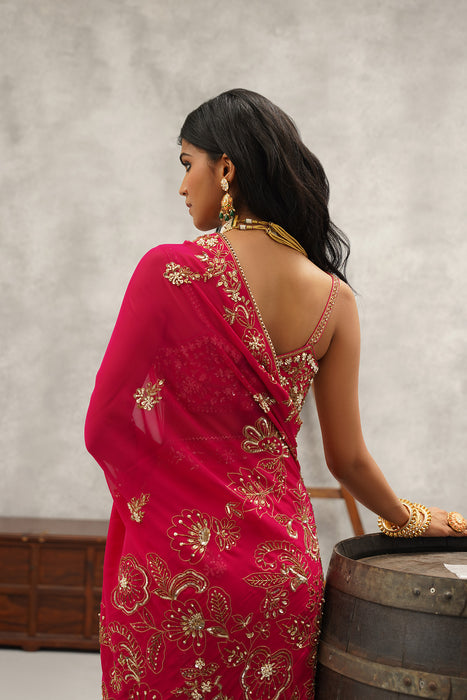 fusia embroidered saree set