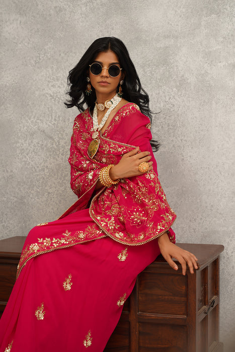 fusia embroidered saree set
