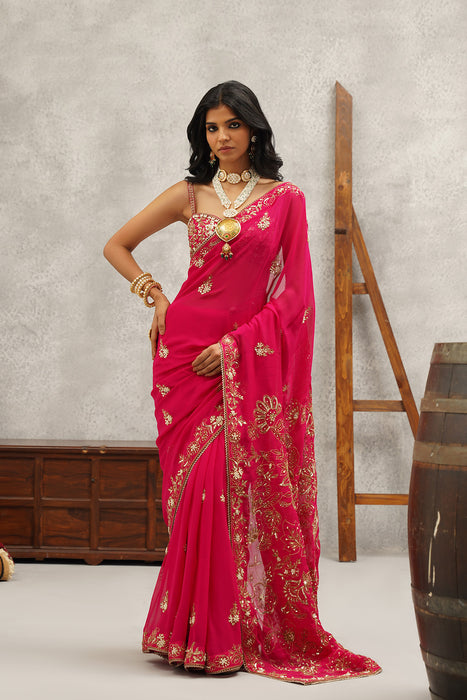 fusia embroidered saree set