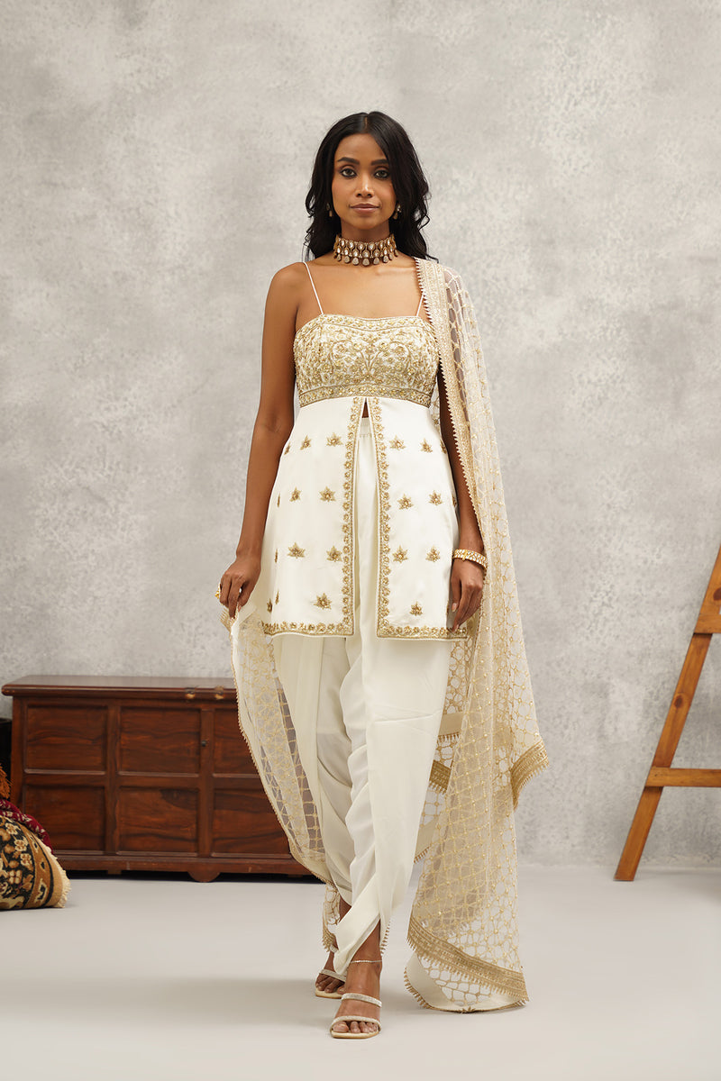white embroidered Peplum dhoti set