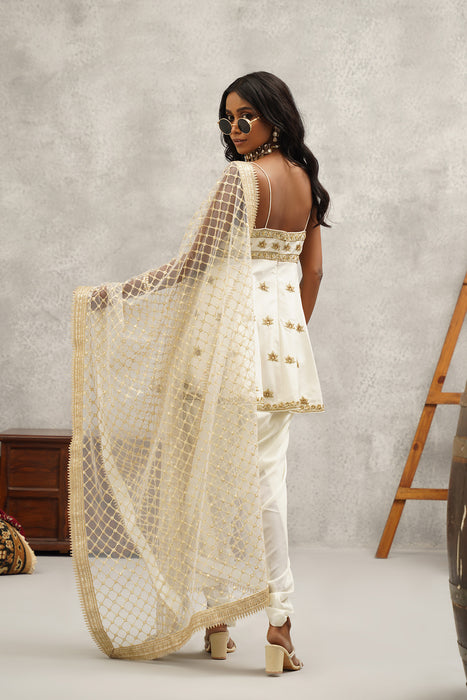 white embroidered Peplum dhoti set