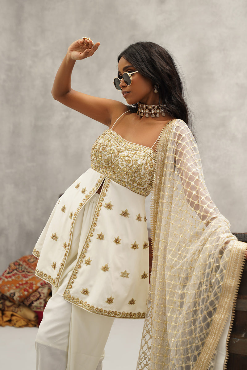 white embroidered Peplum dhoti set