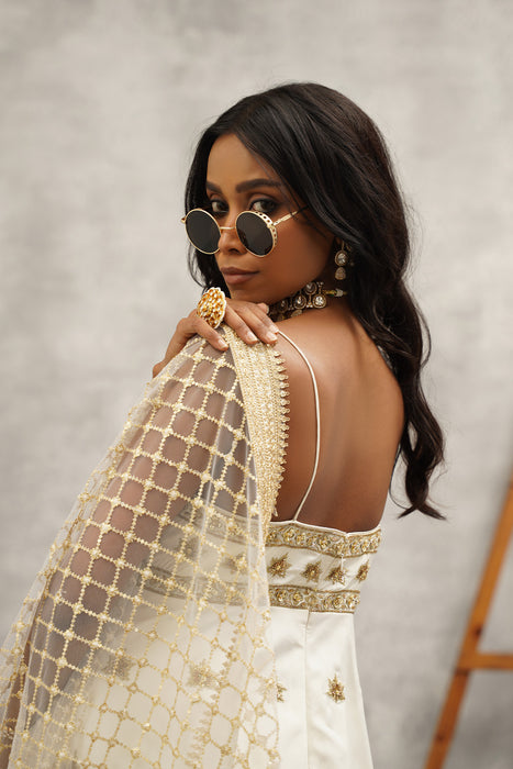 white embroidered Peplum dhoti set