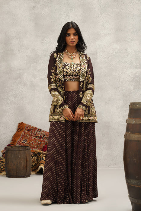 Brown banarsi georgette embroidered jacket, crop top and sharara set