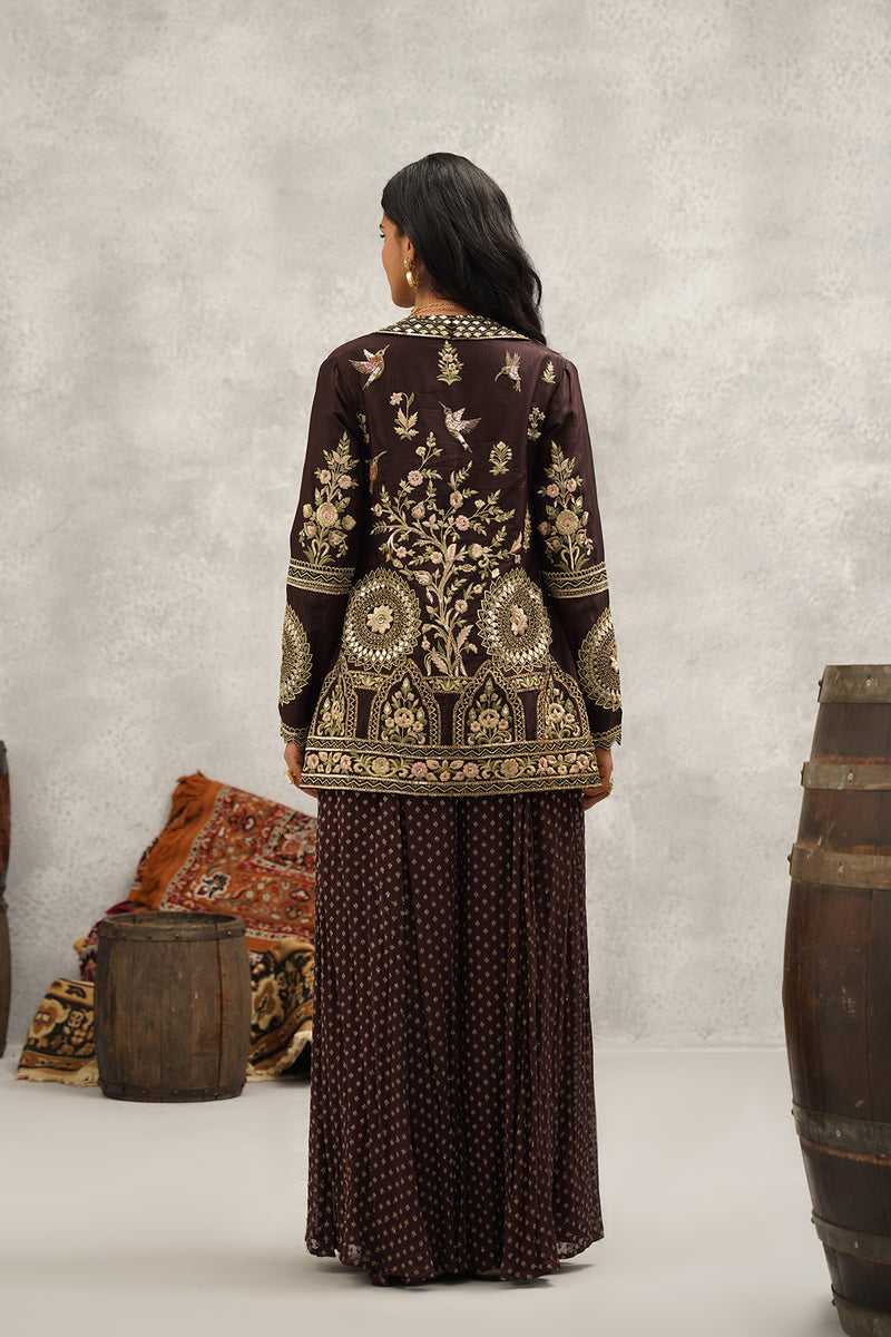 Brown banarsi georgette embroidered jacket, crop top and sharara set