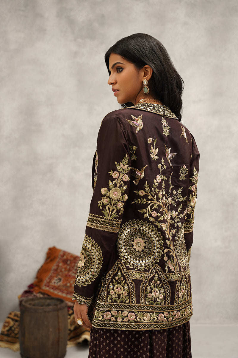 Brown banarsi georgette embroidered jacket, crop top and sharara set