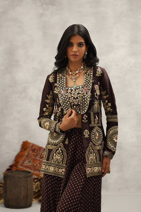 Brown banarsi georgette embroidered jacket, crop top and sharara set