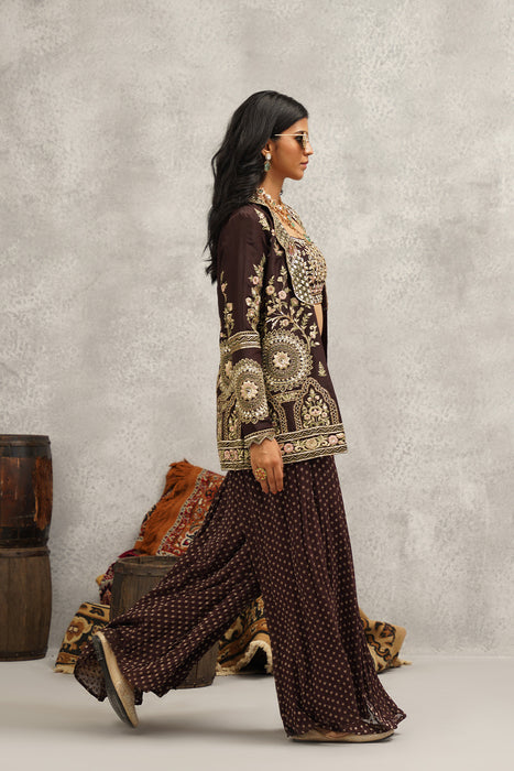 Brown banarsi georgette embroidered jacket, crop top and sharara set