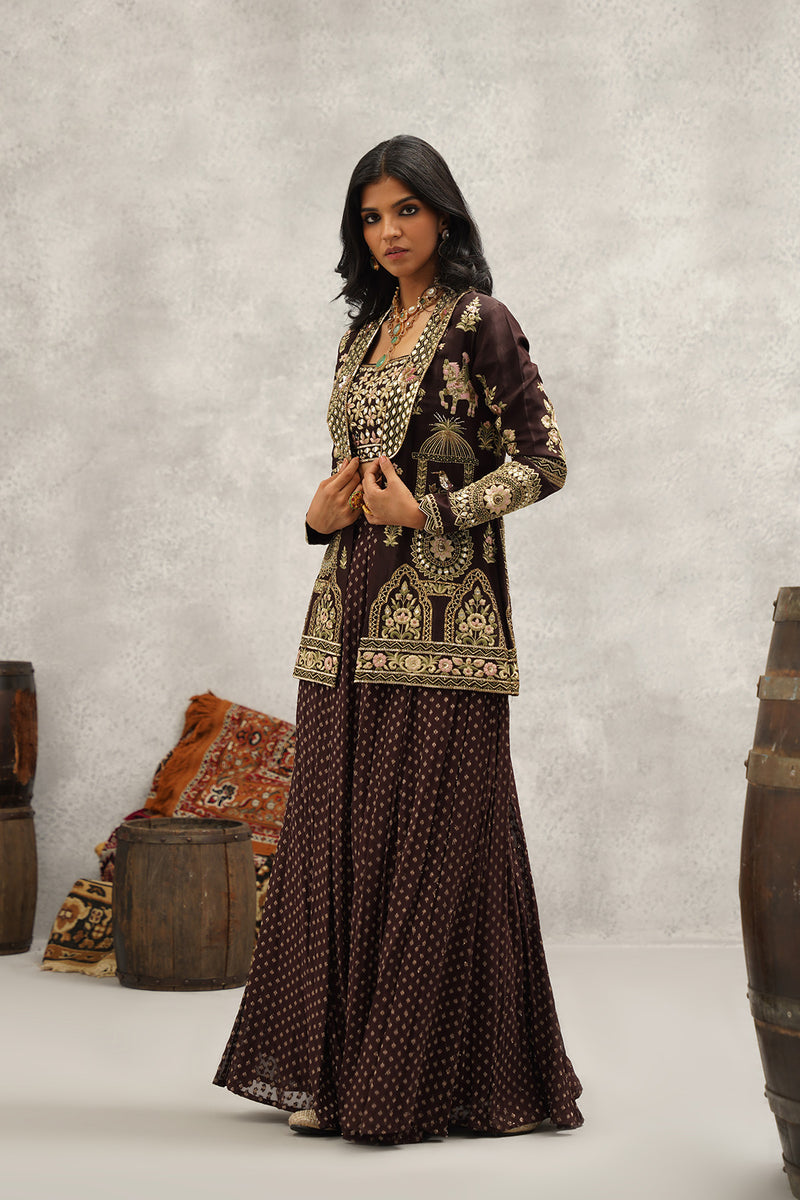 Brown banarsi georgette embroidered jacket, crop top and sharara set