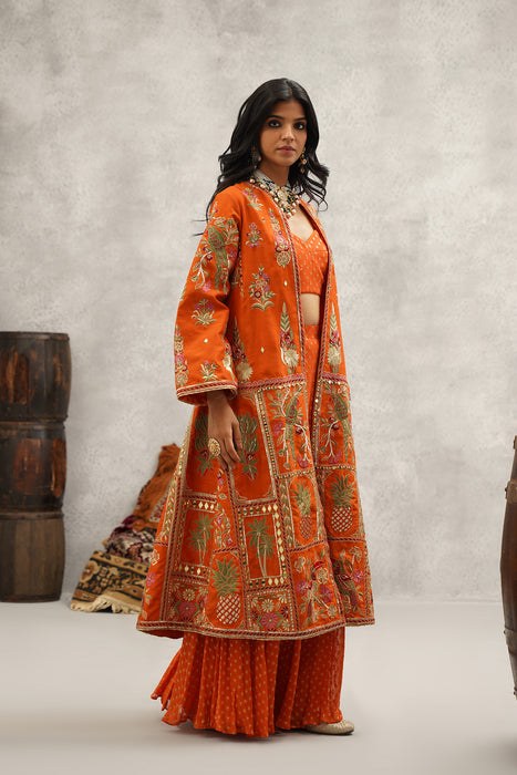 Rust orange embroidered jacket, crop top and sharara set
