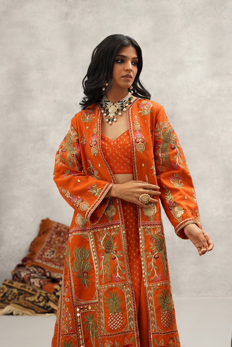 Rust orange embroidered jacket, crop top and sharara set