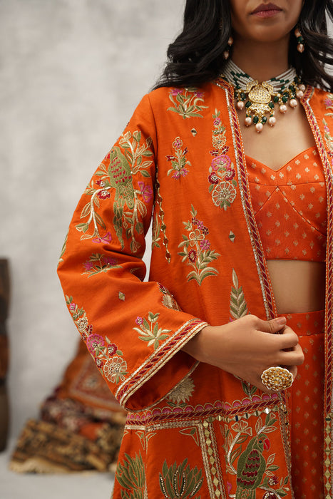 Rust orange embroidered jacket, crop top and sharara set