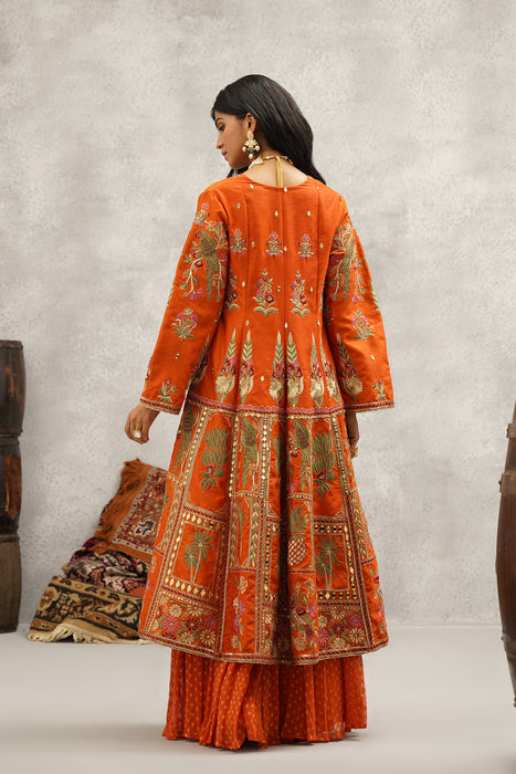 Rust orange embroidered jacket, crop top and sharara set