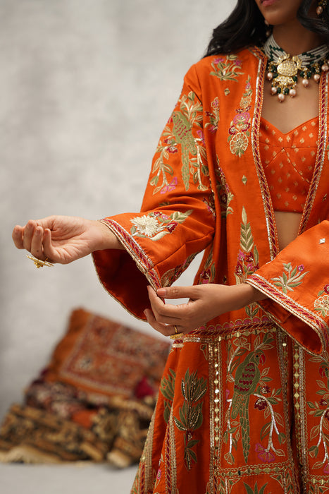 Rust orange embroidered jacket, crop top and sharara set