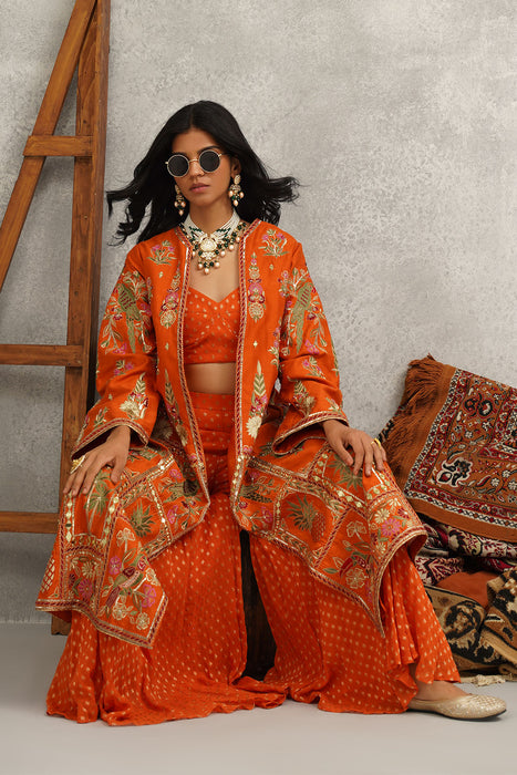 Rust orange embroidered jacket, crop top and sharara set