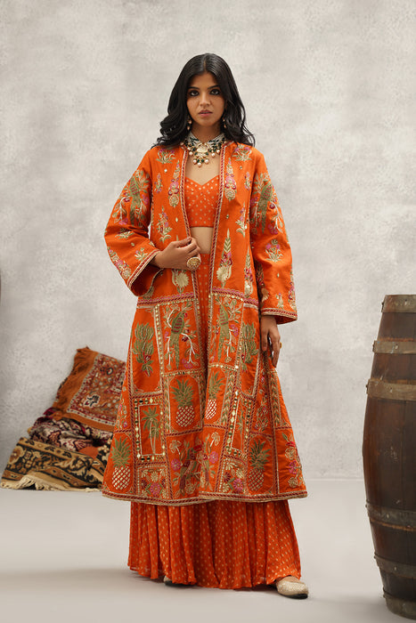 Rust orange embroidered jacket, crop top and sharara set