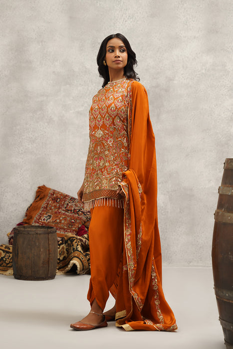 Rust orange embroidered kurti, dhoti and dupatta set