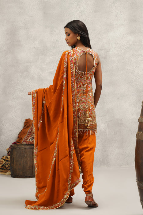 Rust orange embroidered kurti, dhoti and dupatta set