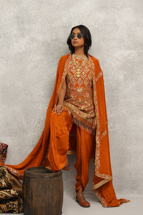 Rust orange embroidered kurti, dhoti and dupatta set