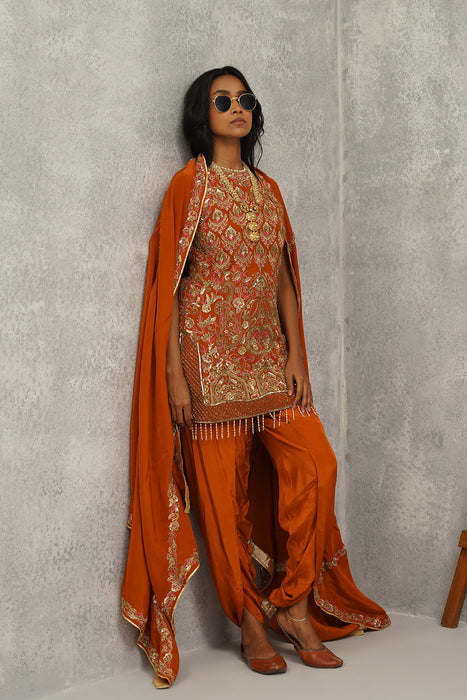 Rust orange embroidered kurti, dhoti and dupatta set
