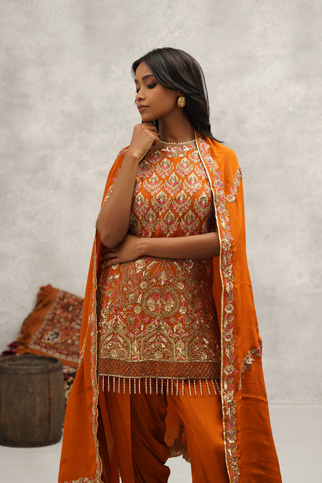 Rust orange embroidered kurti, dhoti and dupatta set