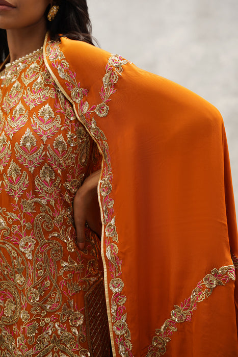 Rust orange embroidered kurti, dhoti and dupatta set