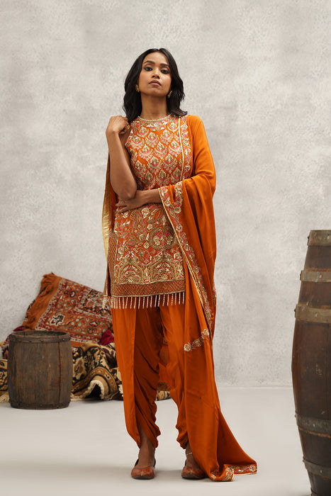 Rust orange embroidered kurti, dhoti and dupatta set